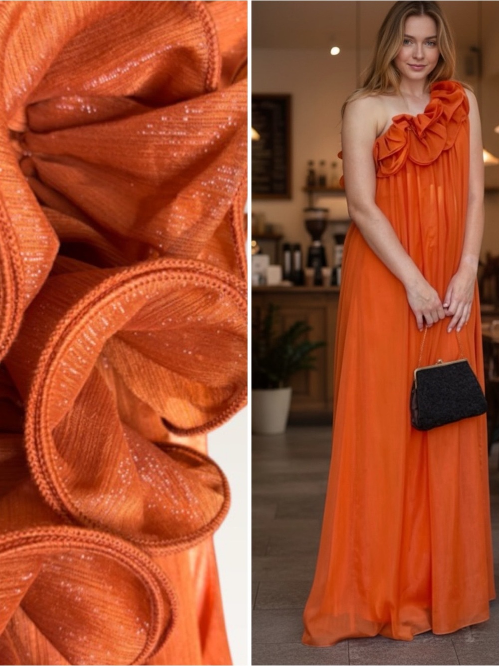 Sunfere Orange One Shoulder 3D Floral Ruffle Maxi Dress M NWT